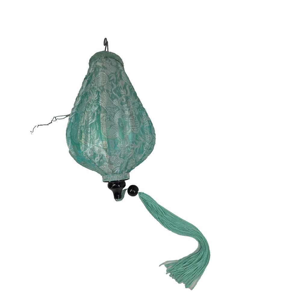 Vtg Vietnamese Silk Bamboo Wood Ceiling Hanging Lantern Blue Brocade